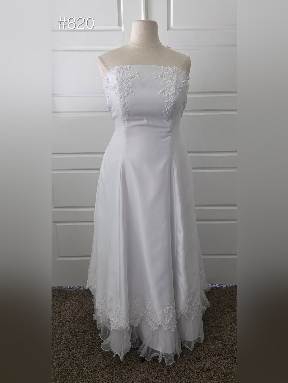 White Satin Strapless Wedding Dress with Ruffled Train